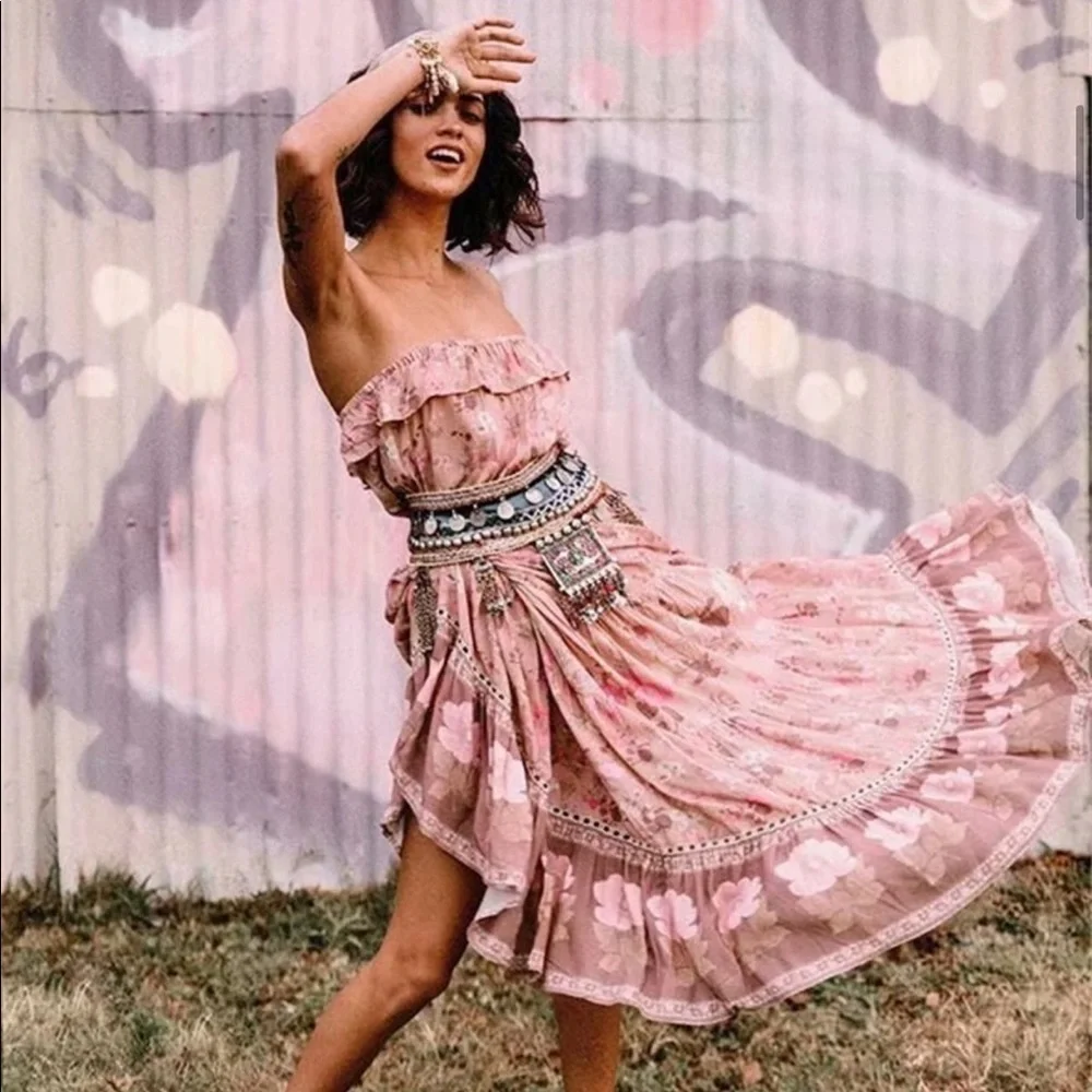 Bohemian Floral Print Maxi Dress Pink Boho Gypsy​​​​​​​​​ - Picture 4 of 12